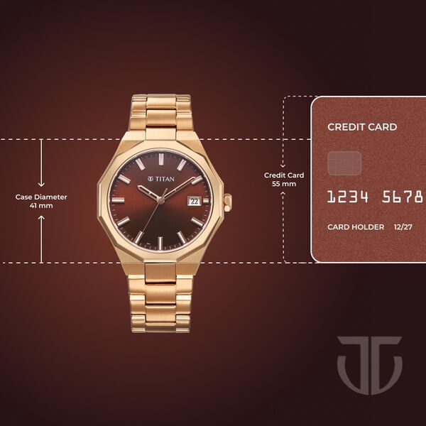 Titan Regalia Dodecagon Quartz Analog with Date Brown Dial Rose Gold Stainless Steel Strap Watch For Men - image number 3