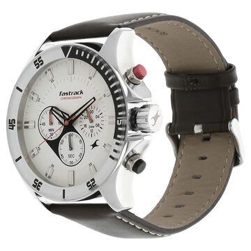 Fastrack Big Time Quartz Chronograph White Dial Leather Strap Watch for Guys