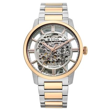 Titan See-Through Skeletal Automatic Analog with White Dial Bimetal Rose Gold & Steel Strap Watch for Men