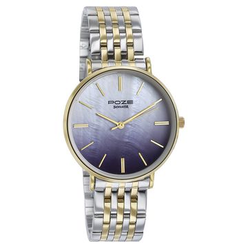 Sonata Poze Quartz Analog Blue Mother Of Pearl Dial Two Toned Color Stainless Steel Strap Watch For Women
