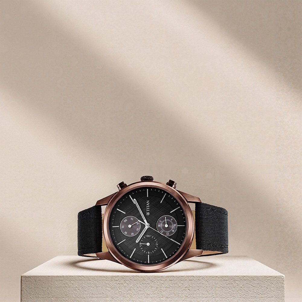 Titan Men's Infinity Chrono watch: Precise Blue Dial, Rose Gold Highlights, Durable Leather Strap