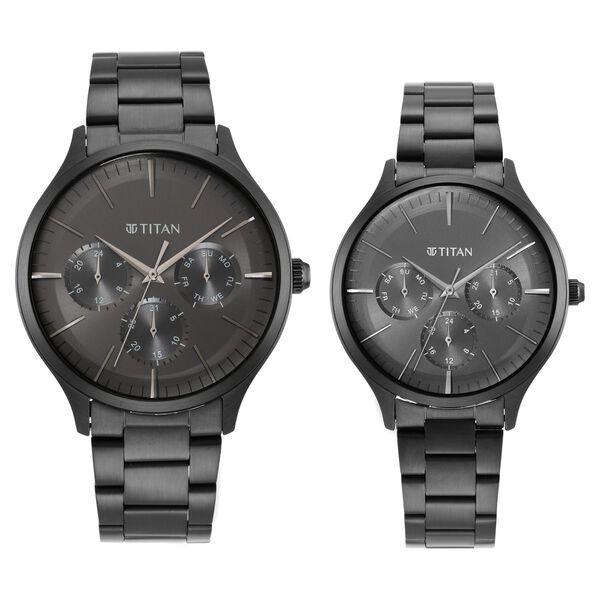 Titan Bandhan Black Dial Quartz Multifunction Stainless Steel Strap watch for Couple. - image number 1