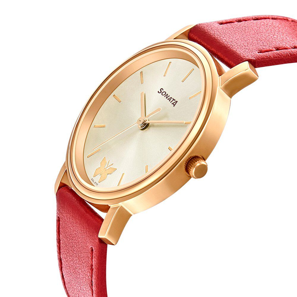 Sonata Play Champagne Dial Women Watch With Leather Strap