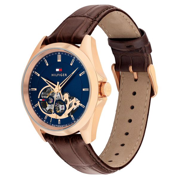 Tommy Hilfiger Automatic Automatic Blue Dial Brown Leather Strap Watch For Men - image number 1