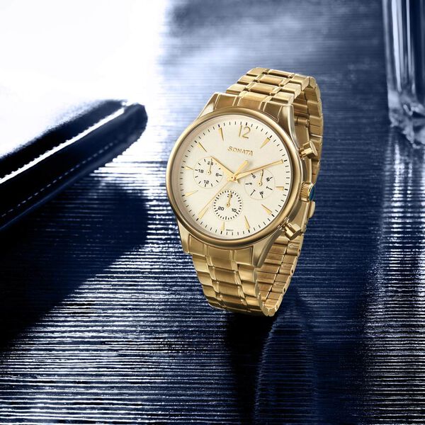 Buy Online Sonata Quartz Multifunction White Dial Golden Stainless