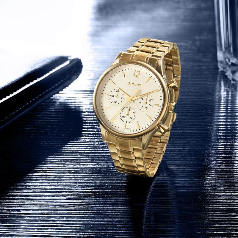 Sonata Quartz Multifunction White Dial Golden Stainless Steel Strap Watch For Men