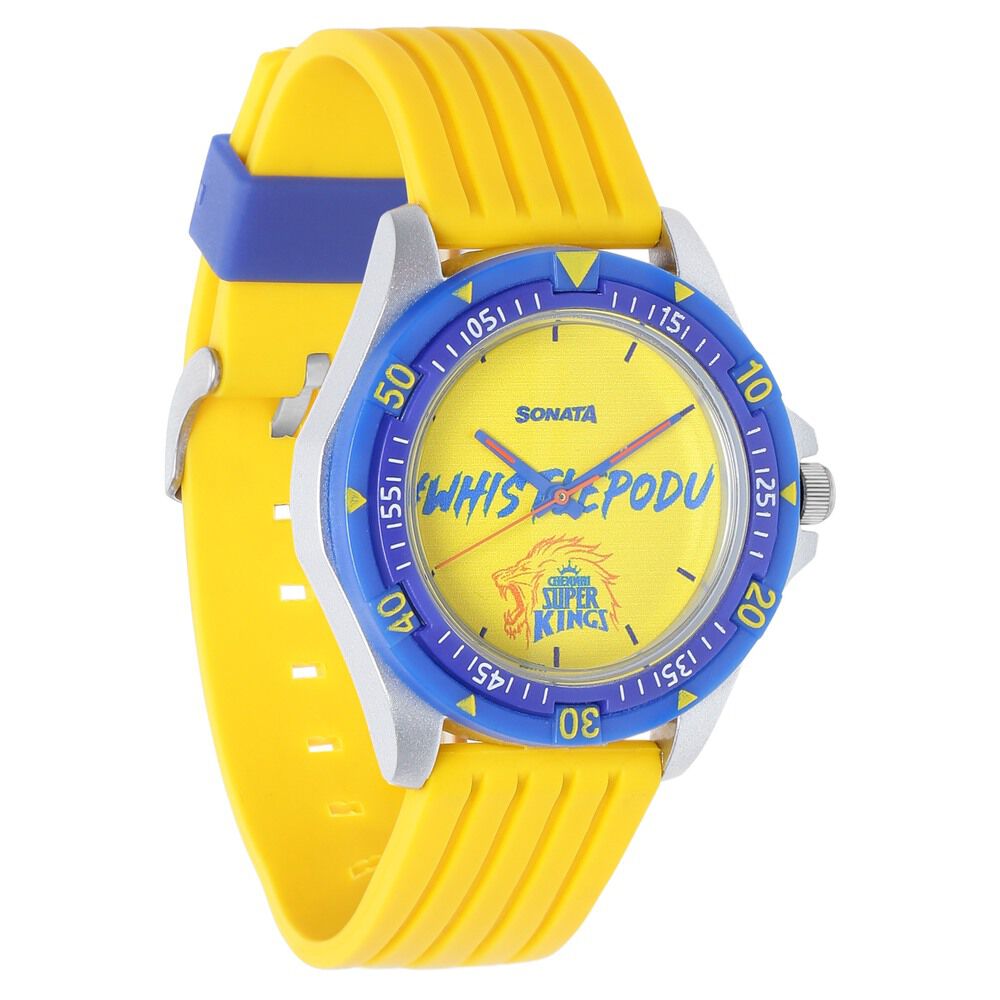 Buy Online Sonata CSK Quartz Analog Yellow Dial TPU Strap Unisex Watch 7930pp13 Titan