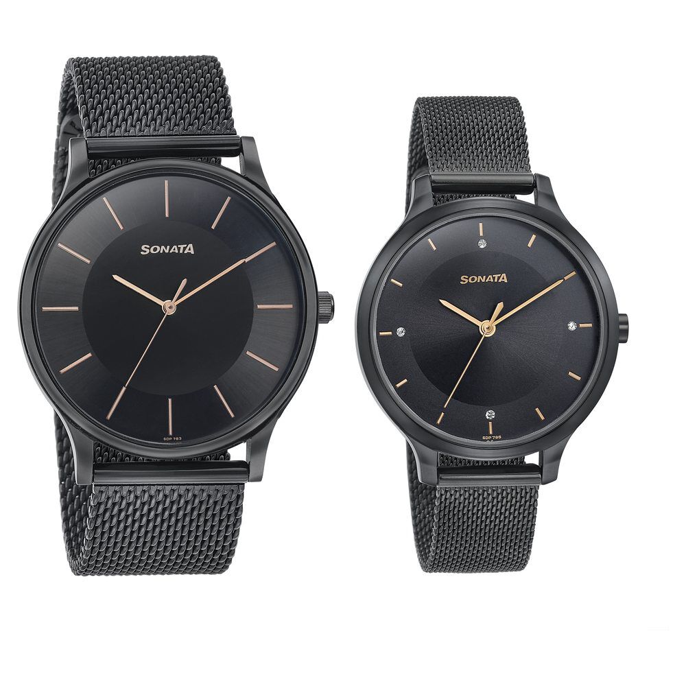 Buy Online Sonata Modern Bandhan Quartz Analog Black Dial Stainless Steel Strap Watch for Couple 7710587050nm02 Titan