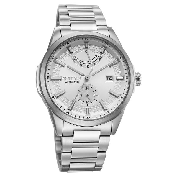Titan Aion Concealed Automatic Analog with Power Reserve Indicator White Dial Silver Stainless Steel Strap Watch for Men - image number 1