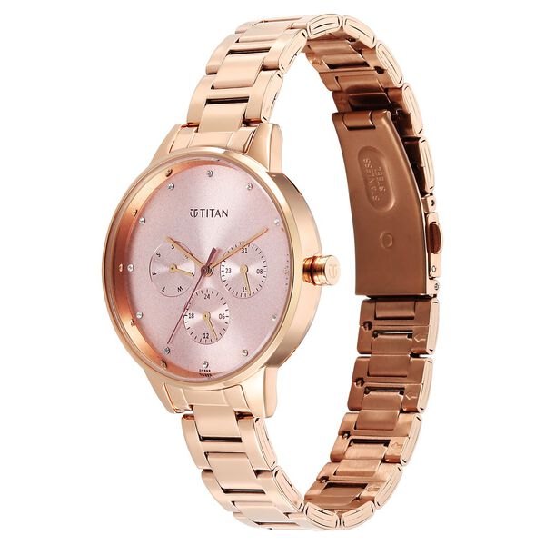Titan Purple Razzle Dazzle Quartz Analog with Day and Date Pink Dial Rose Gold Stainless Steel Strap Watch For Women - image number 4