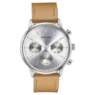 Sonata Quartz Multifunction Silver Dial Brown Leather Strap Watch For Men