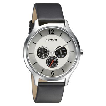 Sonata Quartz Analog Silver Dial Leather Strap Watch for Men