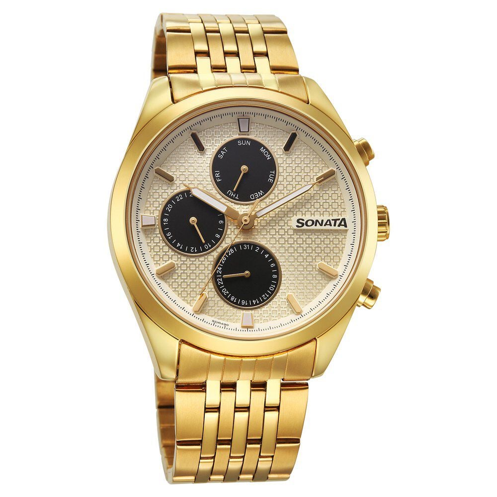 Sonata Magna Quartz Multifunction Champagne Dial Golden Stainless Steel Strap Watch For Men-picture-31