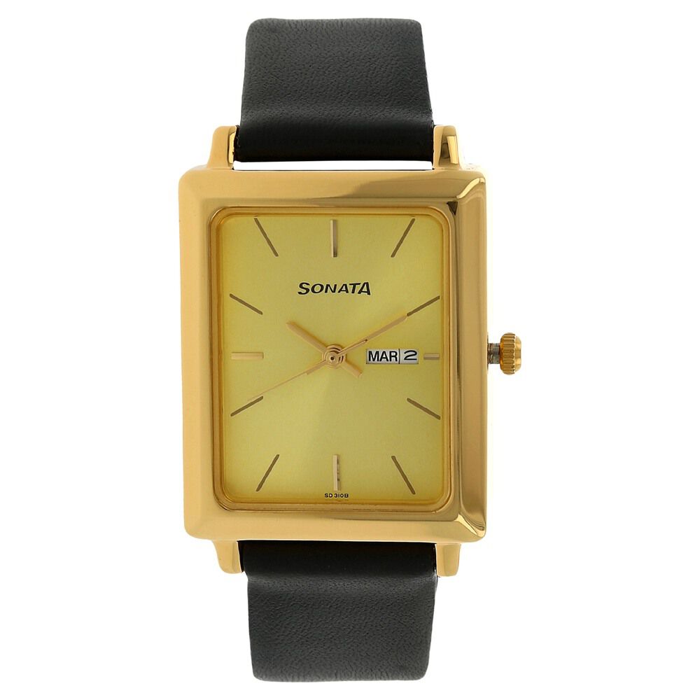 Buy Online Sonata Quartz Analog with Day and Date Champagne Dial Leather Strap Watch for Men nr7078yl04 Titan