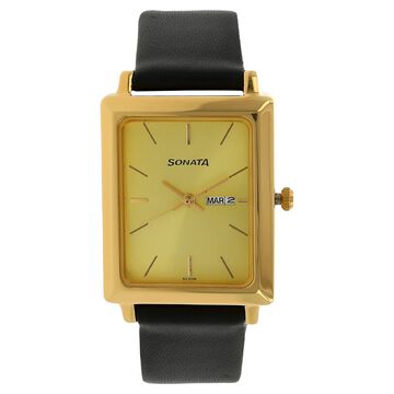 Sonata Quartz Analog with Day and Date Champagne Dial Leather Strap Watch for Men