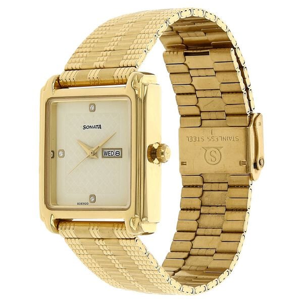Sonata Quartz Analog with Day and Date Champagne Dial Stainless Steel Strap Watch for Men - image number 1