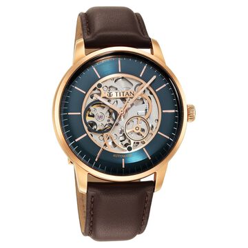 Titan Skeletal Automatic Green Dial Brown Leather Strap Watch for Men