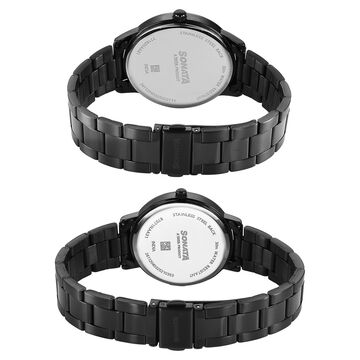 Sonata Perfect Pairs Quartz Analog Black Dial Black Metal Strap Watch For Couple