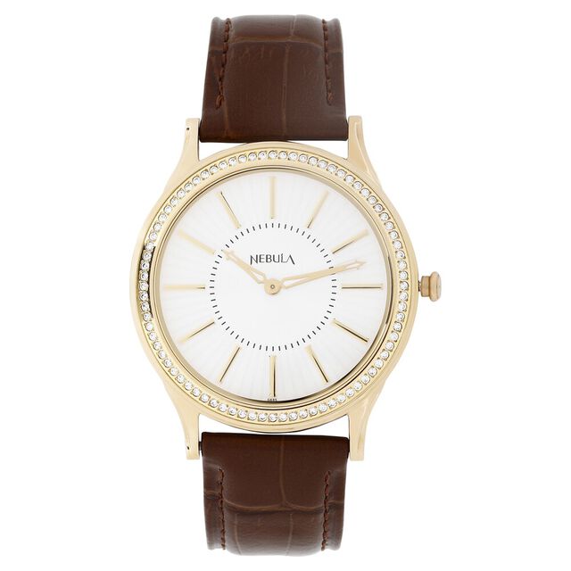 Titan Nebula Vintage 18k Gold Analog Diamond Studded Bezel Leather Strap Watch for Men 