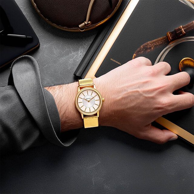 Titan Nebula Vintage Samrat 18k Gold Analog Milanese Strap with Diamonds Watch for Men 9