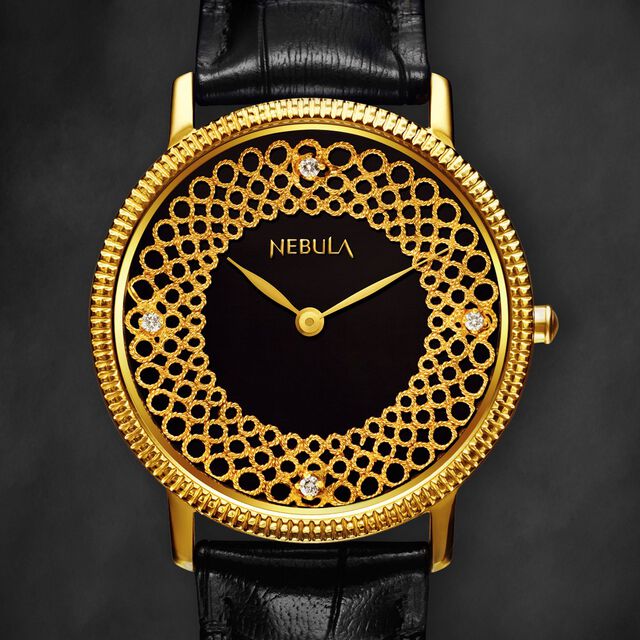 Titan Nebula Filigree 18k Gold Analog Diamond Studded Indices Leather Strap Watch for Men 