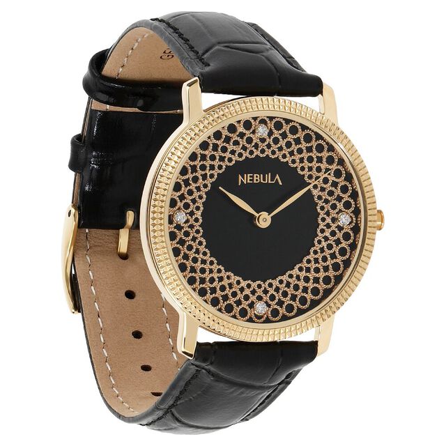 Titan Nebula Filigree 18k Gold Analog Diamond Studded Indices Leather Strap Watch for Men 4