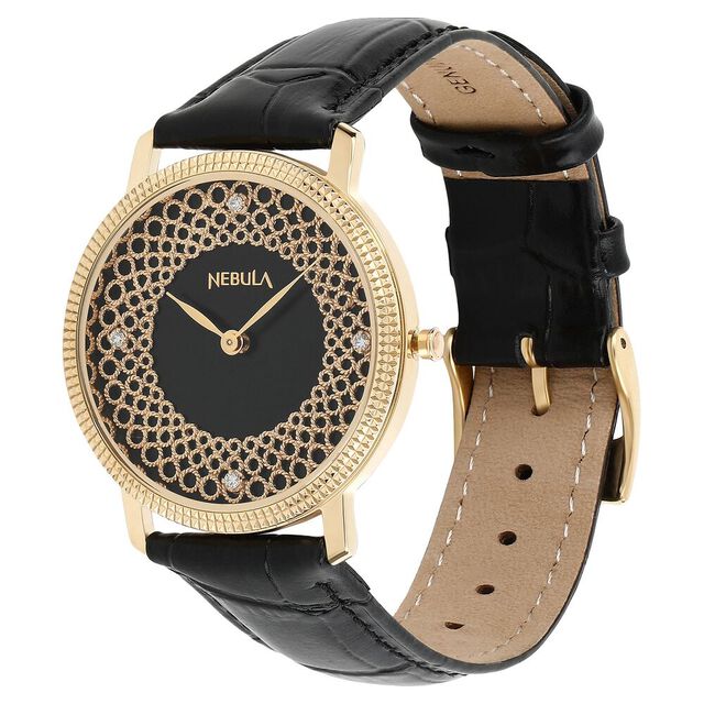Titan Nebula Filigree 18k Gold Analog Diamond Studded Indices Leather Strap Watch for Men 6
