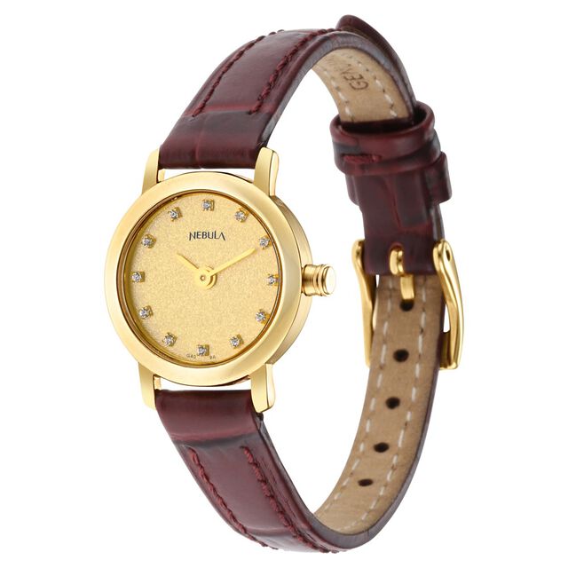 Titan Nebula Vintage 18k Gold Analog Diamond Studded Indices Leather Strap Watch for Women 4
