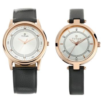 Titan Bandhan Silver Dial Analog Leather Strap watch for Couple