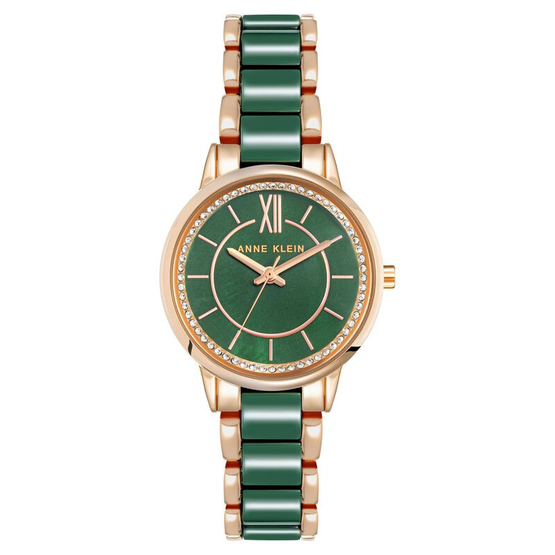 Anne Klein Quartz Analog Green Dial Rose Gold Ceramic Strap Watch For Women