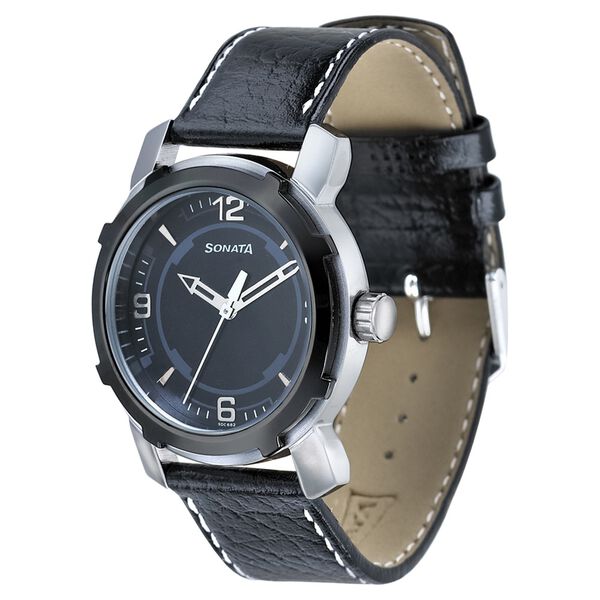 Sonata Quartz Analog Black Dial Leather Strap Watch for Men - image number 0