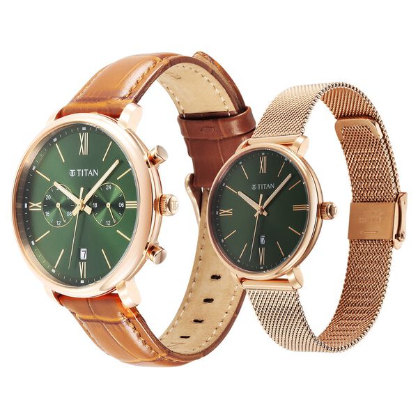 Titan Bandhan Quartz Analog with Date Green Leather and Stainless Steel Strap for Couple - image number 2