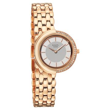 Titan Raga Chic Glam Quartz Analog Mother Of Pearl Dial Rose Gold Metal Strap Watch For Women