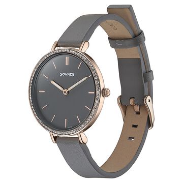 Sonata Quartz Analog Grey Dial Grey Leather Strap Watch For Women