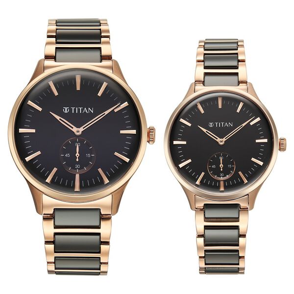 Titan Modern Bandhan Pair Analog with Black Dial Ceramic and Rose Gold Stainless Steel Strap Watch for Couples - image number 0