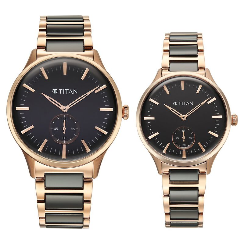 Titan Modern Bandhan Pair Analog with Black Dial Ceramic and Rose Gold Stainless Steel Strap Watch for Couples