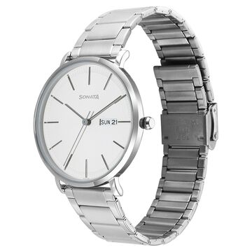 Sonata Ascent Quartz Analog with Day and Date White Dial Stainless Steel Strap Watch For Men