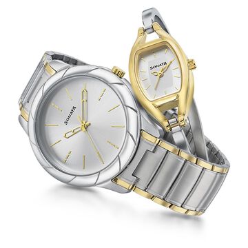 Sonata Quartz Analog Silver Dial Stainless Steel Strap Watch for Couple