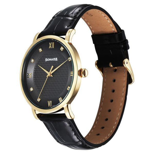 Sonata Wedding Quartz Analog Black Dial Leather Strap Watch For Men - image number 2