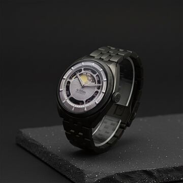 Titan Stellar Cupola Automatic Analog with Sun Moon Phase and Silver Dial Dark Gun Stainless Steel Strap Watch for Men