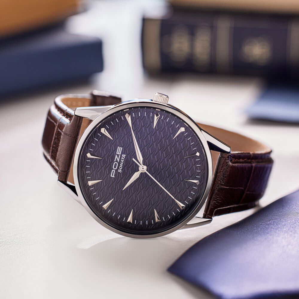 Buy Online Sonata Poze Quartz Analog Blue Dial Brown Color Leather Strap Watch For Men sp70047sl01w Titan