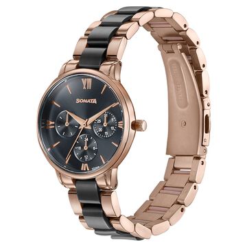 Sonata Festive Quartz Multifunction Black Dial Two Toned Acetate And Metal Strap Watch For Women
