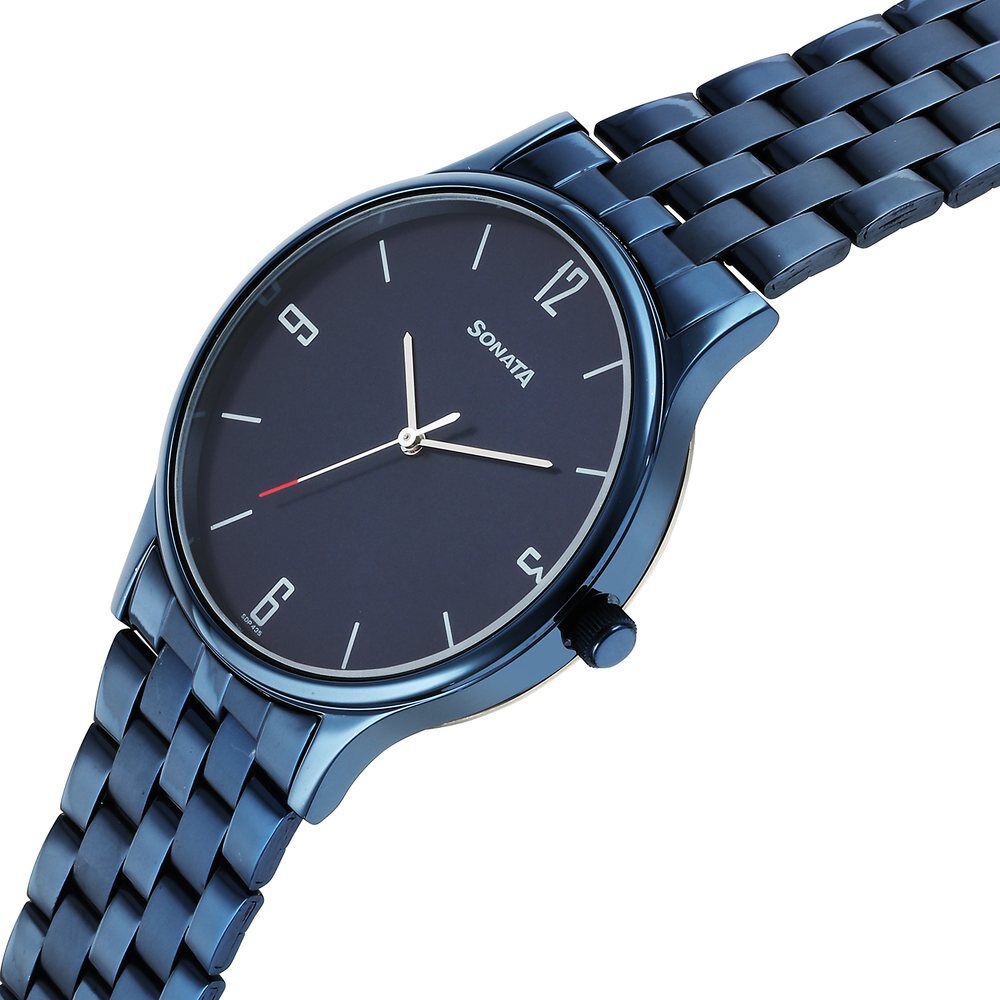 Buy Online Sonata Blues Quartz Analog Blue Dial Metal Strap Watch for Men 77105qm02 p Titan