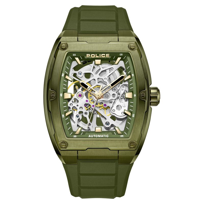 Police Men's Skeleton KL Rahul Edition Automatic Olive Silicone Strap Watch