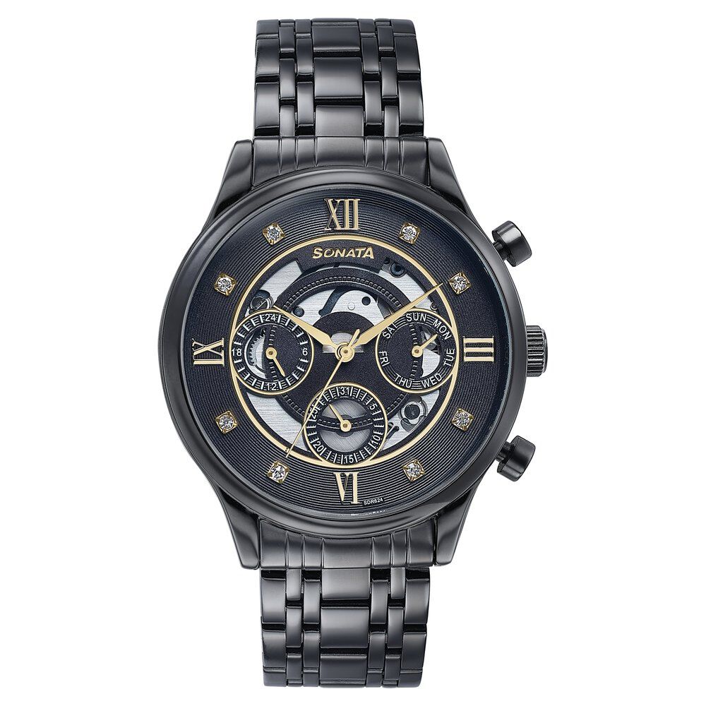 Sonata Quartz Multifunction Black Dial Stainless Steel Strap Watch For Men-picture-46