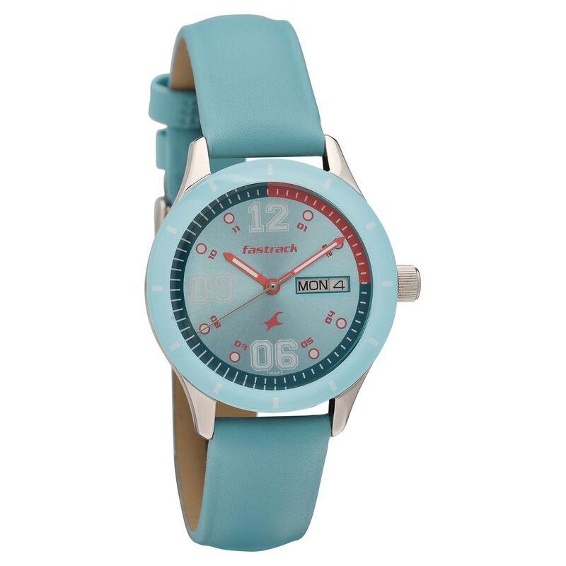 Fastrack Quartz Analog with Day and Date Blue Dial Leather Strap Watch for Girls