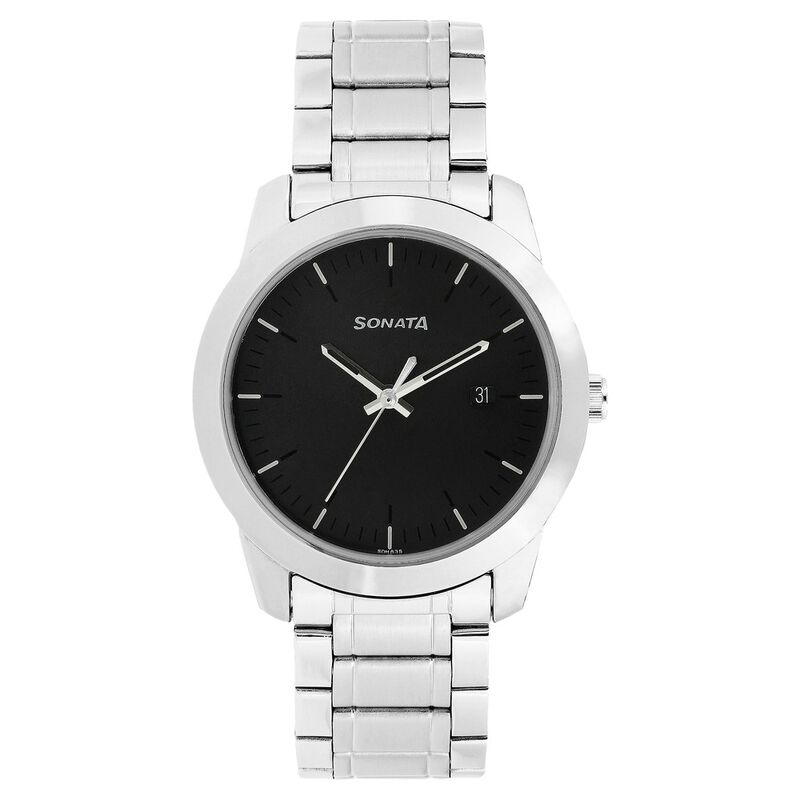 Sonata Quartz Analog with Date Anthracite Dial Stainless Steel Strap Watch for Men