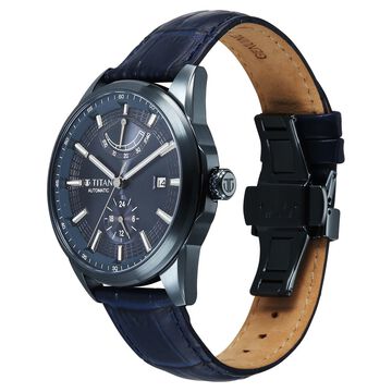 Titan Aion Concealed Automatic Analog with Power Reserve Indicator and Blue Dial Blue Leather Strap Watch for Men