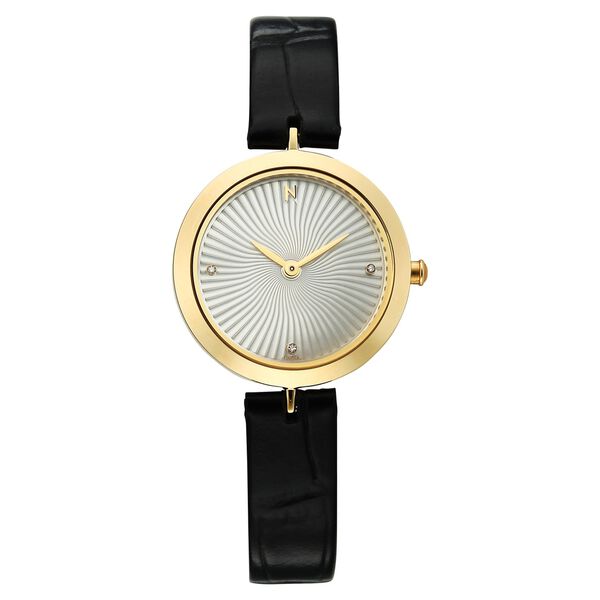 Titan Nebula Lotus 18 KT Gold Quartz Analog Mother Of Pearl Dial Black Leather Strap Watch For Women - image number 0