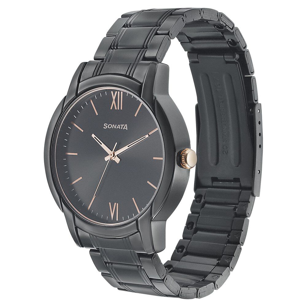 Buy Online Sonata Beyond Gold Quartz Analog Black Dial Metal Strap